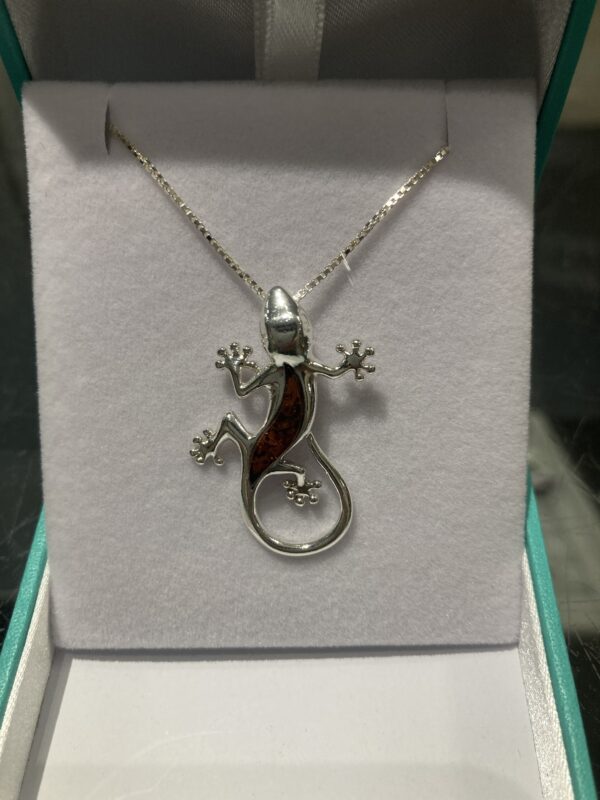 Sterling silver and Baltic amber lizard pendant