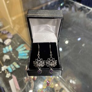 Round Flower Drop Amethyst Sterling Silver Earrings