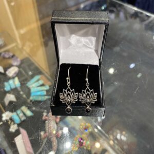 Round Flower Drop Onyx Sterling Silver Earrings