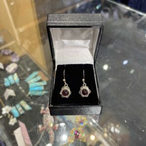 Round Garnet Flower Sterling Silver Earrings